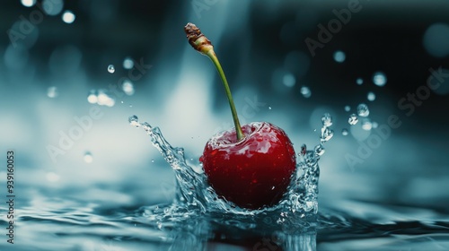 cherry falling into water, slow motion splash, depth of field
