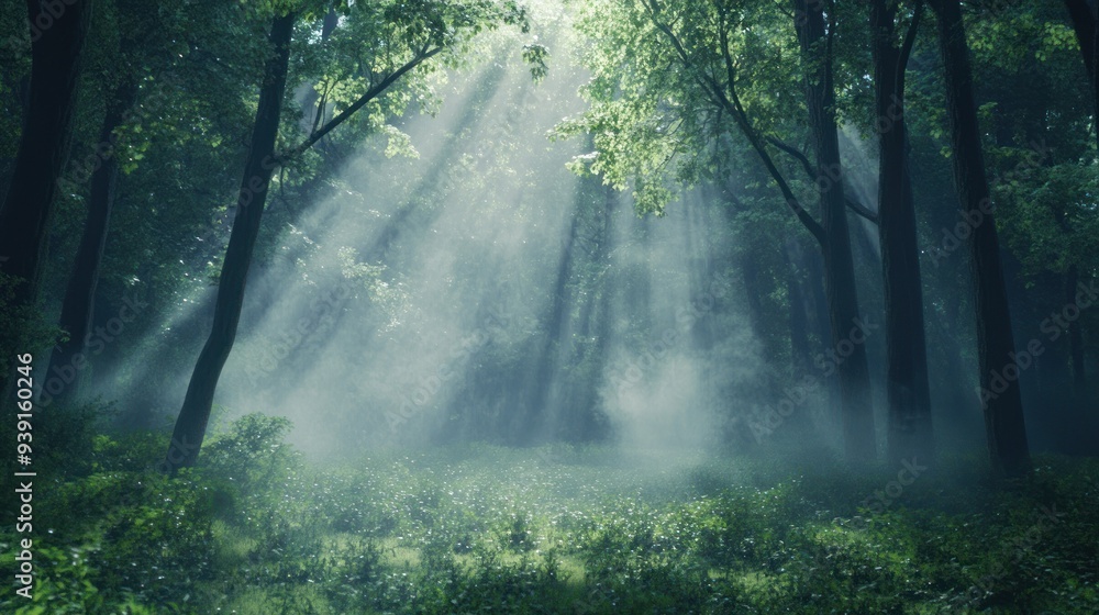 Obraz premium Sunbeams Through Foggy Forest