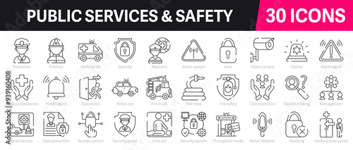 Public services and safety Outline Vector Icon Collection. A set of outline icons related to Policeman, Fireman, Security, First aid, Security system and more. Editable stroke. Vector illustration