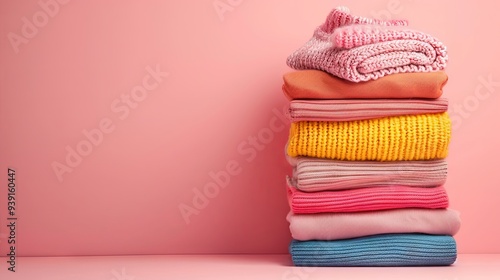 Stacked clothing on pastel palette fashion store concept with space for text