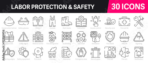Labor protection and safety Outline Vector Icon Collection. A set of outline icons related to Insurance, Fire exit, Notification, Safety signs, Overalls and more. Editable stroke. Vector illustration