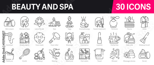 Beauty and Spa Outline Vector Icon Collection. A set of outline icons related to cosmetics, cosmetology, skin care, spa treatments, massage, skin care and more. Editable stroke. Vector illustration