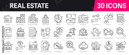 Real Estate Outline Vector Icon Collection. A set of outline icons related to property, buying, renting, house, mortgage, housing, rental of premise and more. Editable stroke. Vector illustration