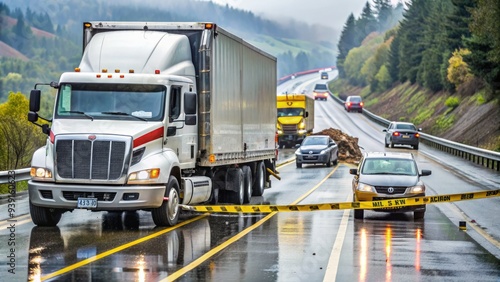 Mangled wreckage of a jackknifed semi-truck lies sprawled across multiple lanes of a rainy highway, surrounded by caution tape and emergency response vehicles. photo