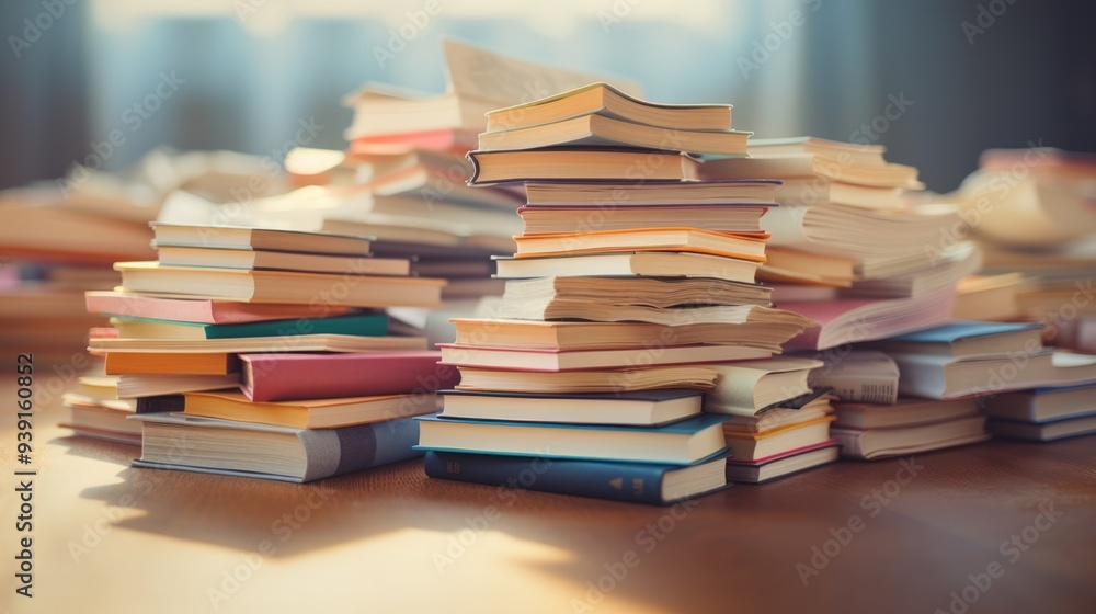 Old accounting books are in a big pile on the table. Neural network ai generated art Old accounting books are in a big pile on the table. Neural network ai generated art
