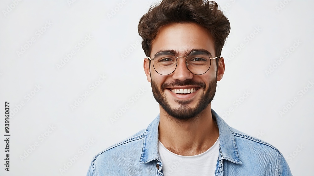 Waist up shot of handsome self confident cheerful male entrepreneur has broad smile wears round transparent glasses happy to meet with colleague dressed in fashionable denim shirt isol : Generative AI Waist up shot of handsome self confident cheerful male entrepreneur has broad smile wears round transparent glasses happy to meet with colleague dressed in fashionable denim shirt isol : Generative AI