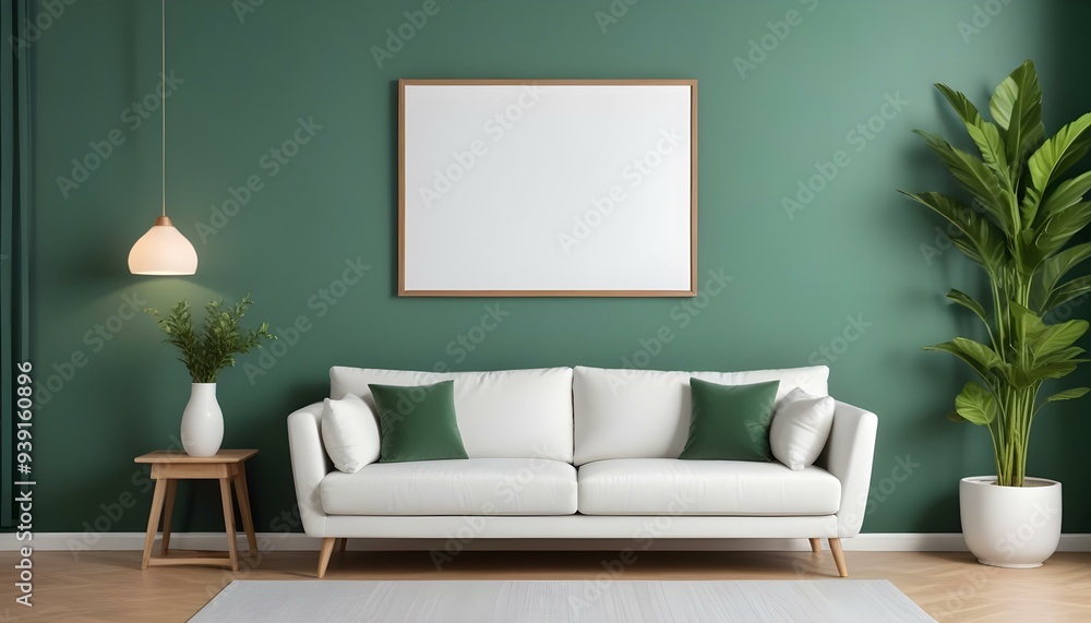 Interior mockup In a white room a blue sofa is placed next to a photo frame on the wall Interior mockup In a white room a blue sofa is placed next to a photo frame on the wall