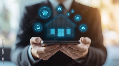 Wallpaper Mural A businessman holds a tablet depicting a small house surrounded by home-related icons. Torontodigital.ca