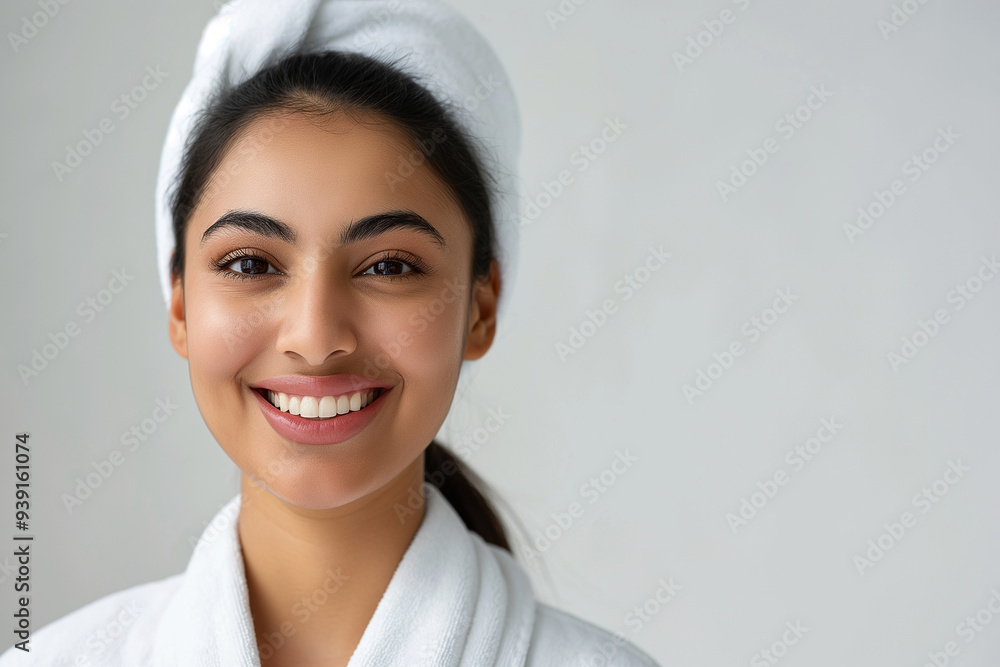 A woman with a white robe and a towel on her head A woman with a white robe and a towel on her head