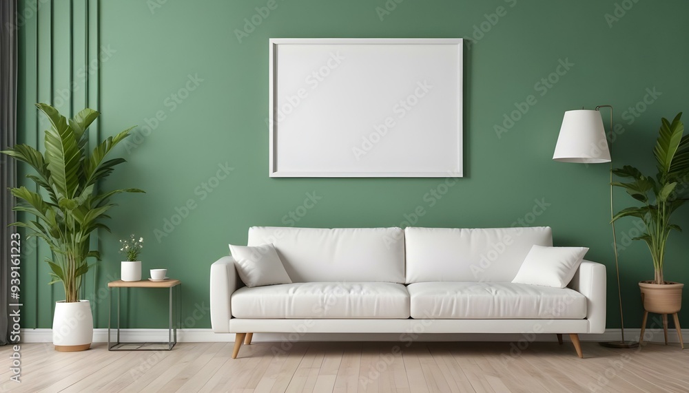 Interior mockup In a white room a blue sofa is placed next to a photo frame on the wall Interior mockup In a white room a blue sofa is placed next to a photo frame on the wall