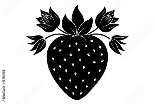  strawberry silhouette with floral pattern vector illustration 