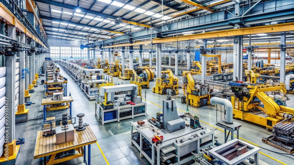Metallic machinery and gadgets line the factory floor, with hydraulic systems, robotic arms, and conveyor belts working in tandem to manufacture industrial equipment. Metallic machinery and gadgets line the factory floor, with hydraulic systems, robotic arms, and conveyor belts working in tandem to manufacture industrial equipment.