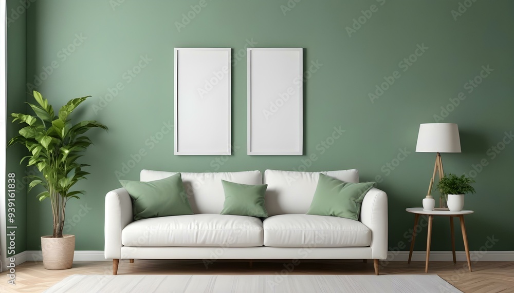 Interior mockup In a white room a blue sofa is placed next to a photo frame on the wall Interior mockup In a white room a blue sofa is placed next to a photo frame on the wall