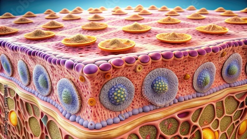 Microscopic illustration of human skin's stratified squamous epithelium, showcasing multiple layers of flat, polygonal cells with distinct nuclei and cell membranes. photo