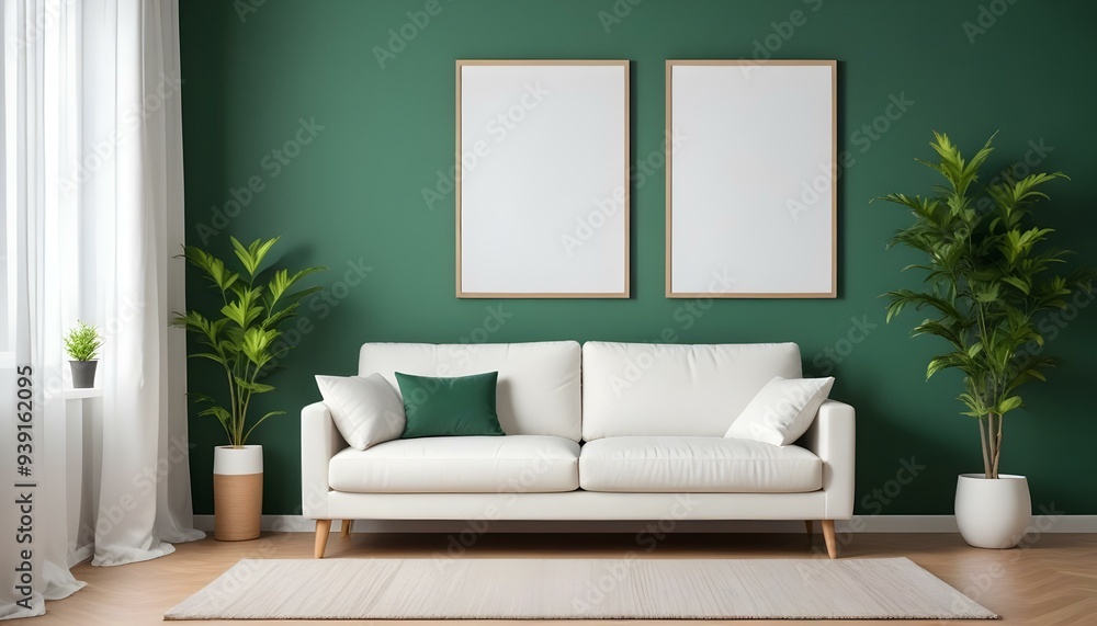 Interior mockup In a white room a blue sofa is placed next to a photo frame on the wall Interior mockup In a white room a blue sofa is placed next to a photo frame on the wall