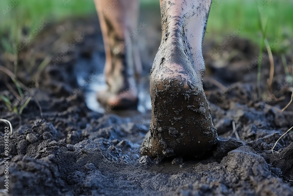 A person's feet are covered in mud and dirt A person's feet are covered in mud and dirt
