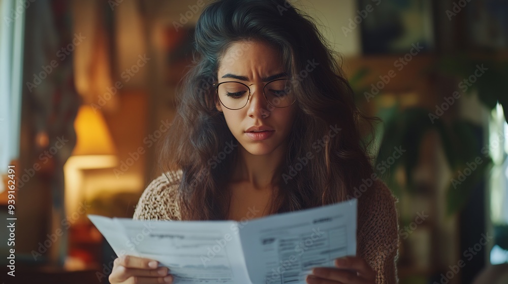 Indoor shot of casually dressed young woman holding papers in her hands calculating family budget trying to save some money to buy new bicycle to her son having stressed and concentrat : Generative AI