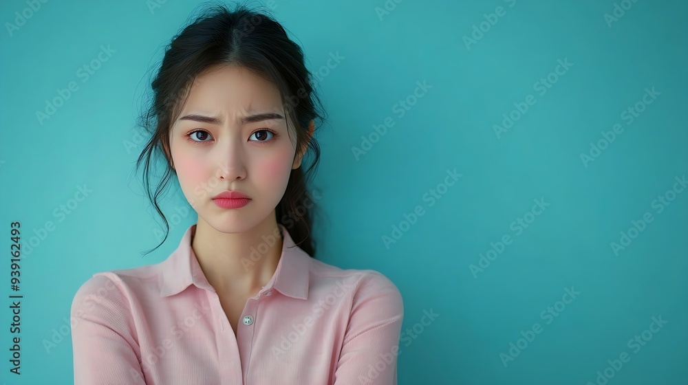 Portrait of displeased offended young Asian woman with dark hair keeps arms folded looks angrily aside doesnt agree with somebodys opinion wears neat clothes isolated over blue studio : Generative AI Portrait of displeased offended young Asian woman with dark hair keeps arms folded looks angrily aside doesnt agree with somebodys opinion wears neat clothes isolated over blue studio : Generative AI