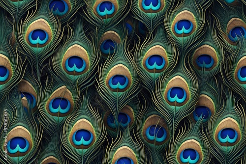 A seamless peacock feather pattern with vibrant blue green and gold eyespots, AI Generated photo