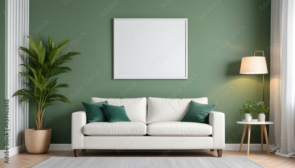 Interior mockup In a white room a blue sofa is placed next to a photo frame on the wall Interior mockup In a white room a blue sofa is placed next to a photo frame on the wall