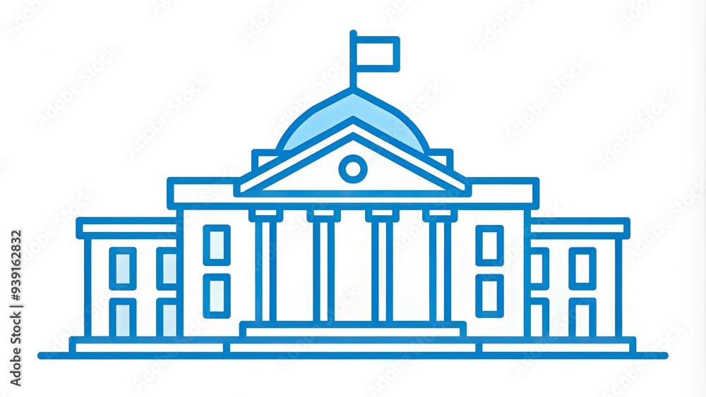 Minimalist outline of a government building symbol in bold blue lines on a white background, representing authority and public administration services. Minimalist outline of a government building symbol in bold blue lines on a white background, representing authority and public administration services.