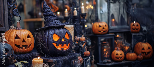 A jack o lantern with a witch hat , Halloween, pumpkin, decoration photo