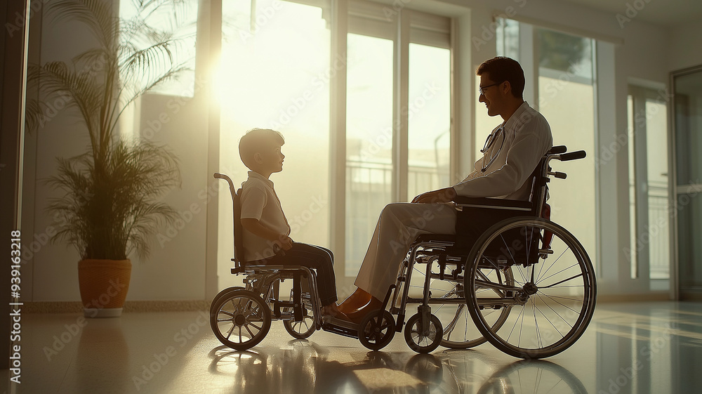 A man and a child are sitting in a wheelchair A man and a child are sitting in a wheelchair