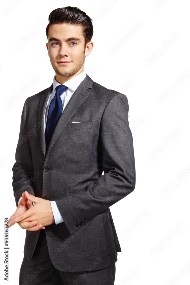 Confident, suit and portrait of businessman in studio for corporate, finance career and work. Accounting, professional and male person with pride for financial, service and job on white background Confident, suit and portrait of businessman in studio for corporate, finance career and work. Accounting, professional and male person with pride for financial, service and job on white background