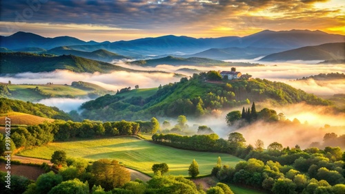 Wallpaper Mural Misty dawn breaks over rolling hills and countryside landscapes of La Garrotxa, Catalonia, Spain, with lush green forests and ancient volcanic terrain in view. Torontodigital.ca
