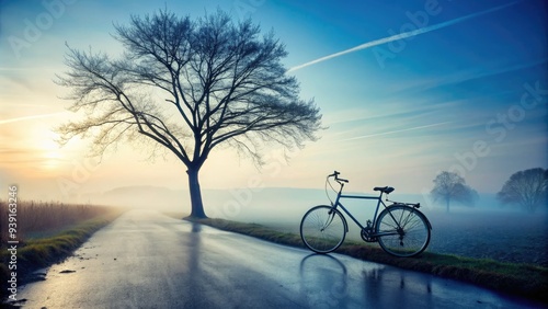 Misty fog envelops a lone bicycle on a deserted wet road, with faint tree silhouettes in the background, evoking a sense of solitary morning adventure. photo