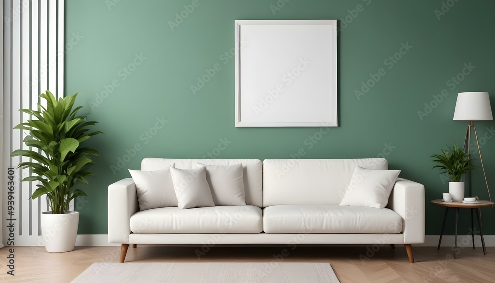 Interior mockup In a white room a blue sofa is placed next to a photo frame on the wall Interior mockup In a white room a blue sofa is placed next to a photo frame on the wall