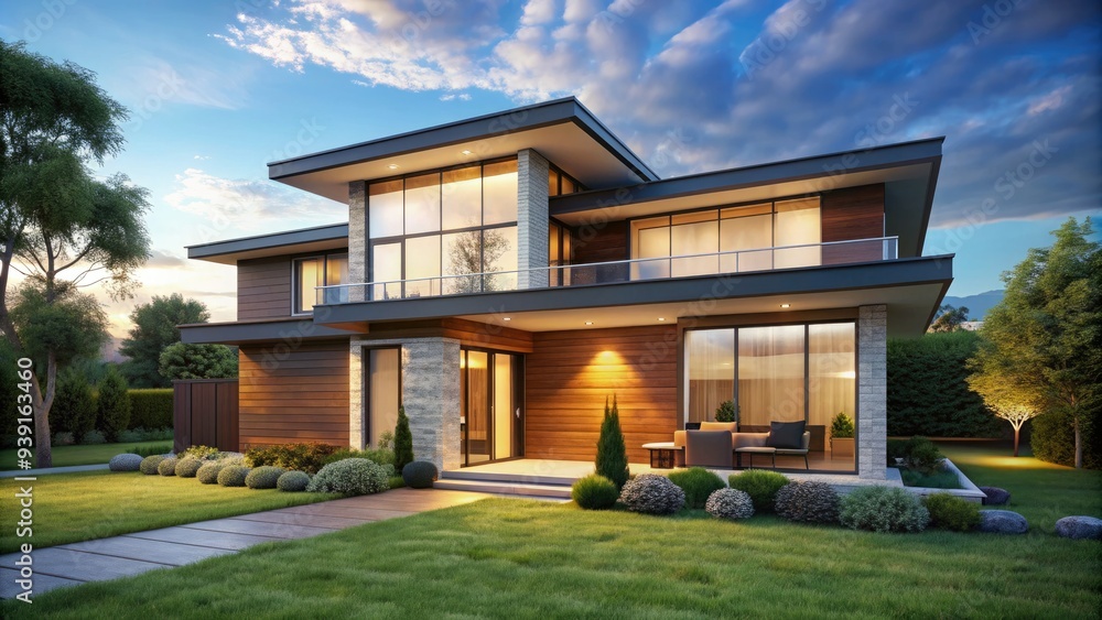Modern 3D rendered house exterior with sleek lines, large windows, and a small front porch, set against a bright blue cloudless sky with lush green grass. Modern 3D rendered house exterior with sleek lines, large windows, and a small front porch, set against a bright blue cloudless sky with lush green grass.