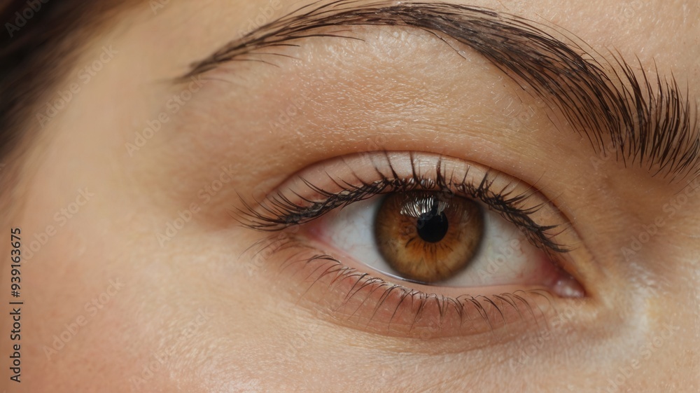 A woman's eye with brown lashes and brown eyes A woman's eye with brown lashes and brown eyes