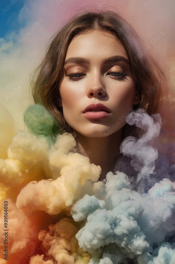 A woman is surrounded by colorful smoke, creating a surreal A woman is surrounded by colorful smoke, creating a surreal