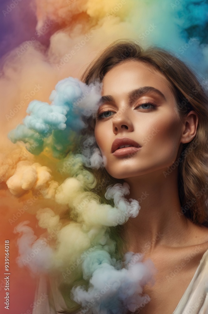 A woman is standing in front of a colorful smoke cloud A woman is standing in front of a colorful smoke cloud