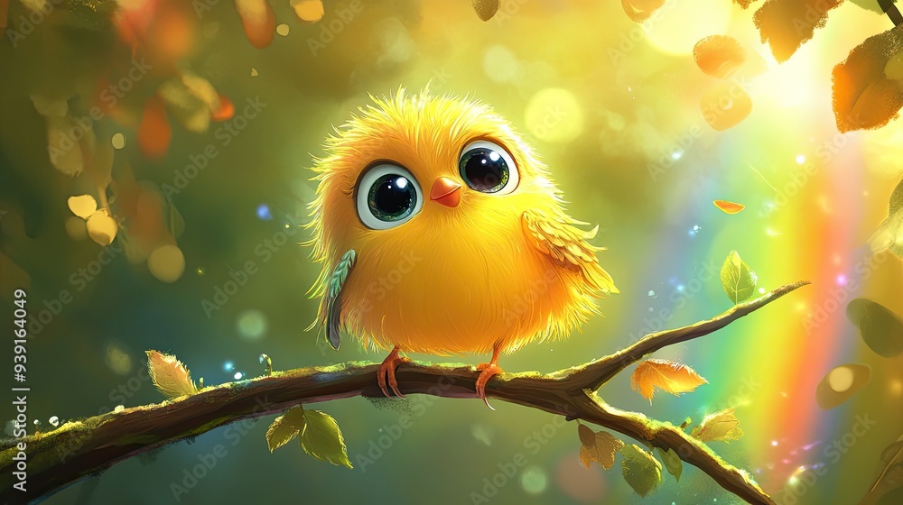Fototapeta premium A cheerful cartoon bird with big eyes and fluffy feathers, perched on a branch with a bright rainbow in the background