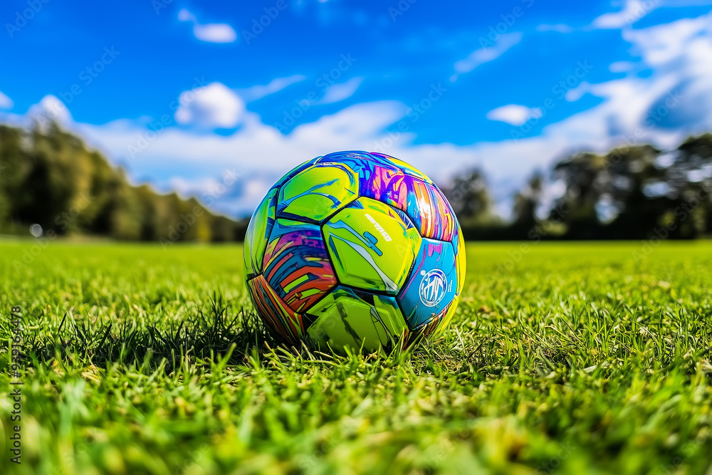 Fototapeta premium Ball on the green field in soccer stadium. Ready for game in the midfield. Soccer ball close-up.