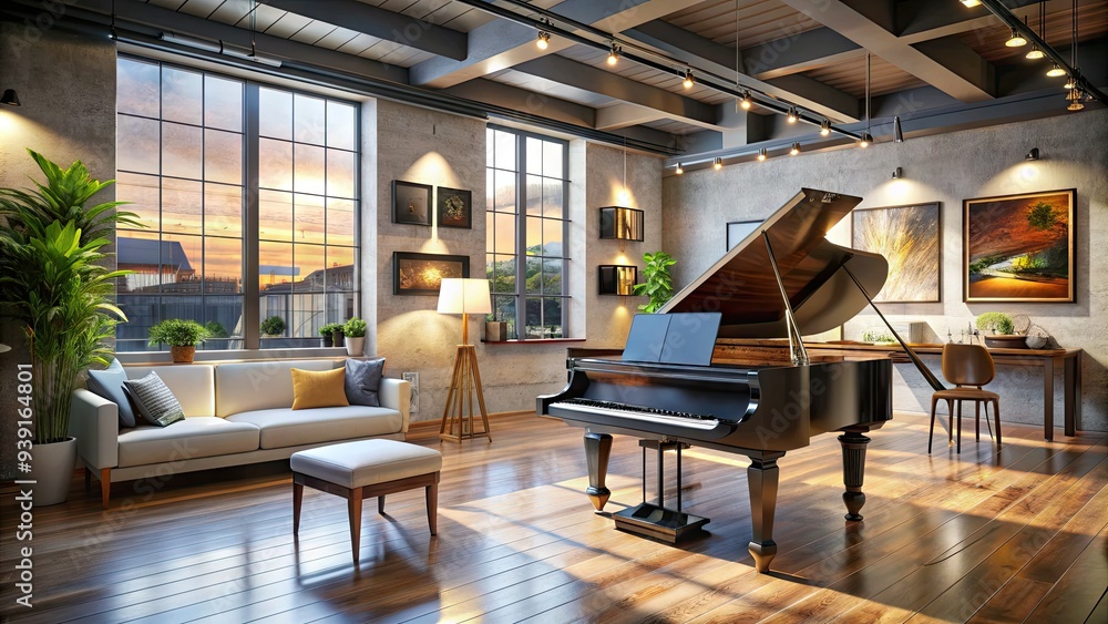 Modern creative workspace with laptop computer and grand piano situated alongside each other, blending technology and art in a spacious, well-lit studio environment. Modern creative workspace with laptop computer and grand piano situated alongside each other, blending technology and art in a spacious, well-lit studio environment.