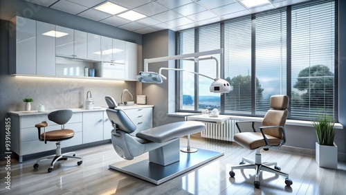 Modern dental room interior with sleek equipment, adjustable exam chair, and hygienic tools, conveying a sense of professionalism and patient comfort.