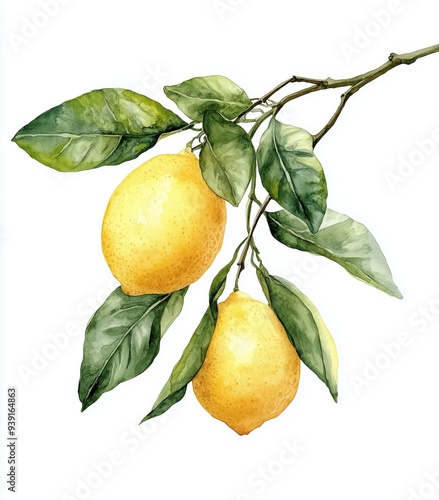 A lemon branch with leaves and lemons, watercolor illustration style on a white background