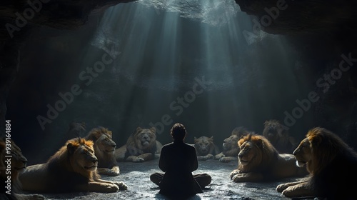 Biblical representation of Daniel in the lions' den, illustrating his unwavering faith and God's divine protection in a powerful religious scene central to Christianity's message of trust and delivera photo