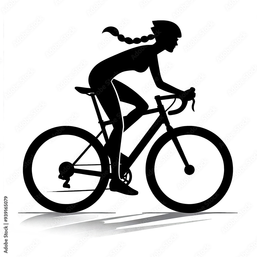 Obraz premium Black and white isolated vector illustration of female cyclist on white background.