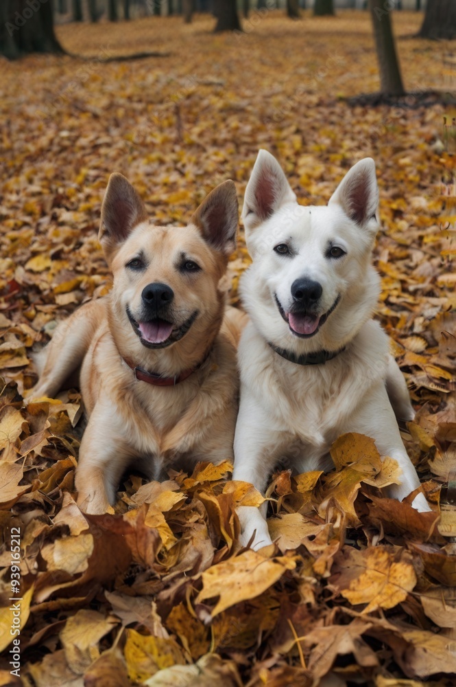 Two dogs are laying on a pile of leaves, both of them smiling Two dogs are laying on a pile of leaves, both of them smiling