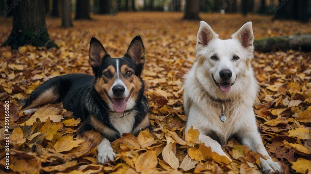 Two dogs are laying on the ground in a forest Two dogs are laying on the ground in a forest