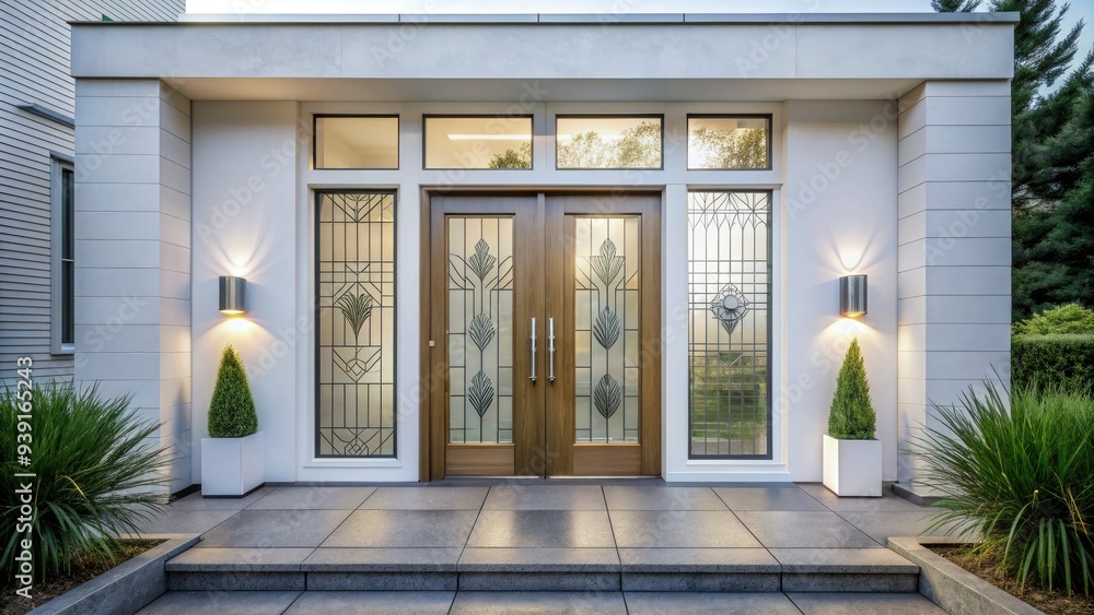 Modern Double Doors With Decorative Glass Panels, Set Against A Sleek White Building Facade Modern Double Doors With Decorative Glass Panels, Set Against A Sleek White Building Facade