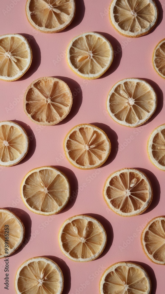 A close up of many slices of lemon on a pink background A close up of many slices of lemon on a pink background