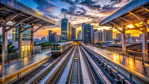 Modern elevated train station with sleek silver tracks and a single platform in the center, surrounded by a bustling cityscape at dusk.