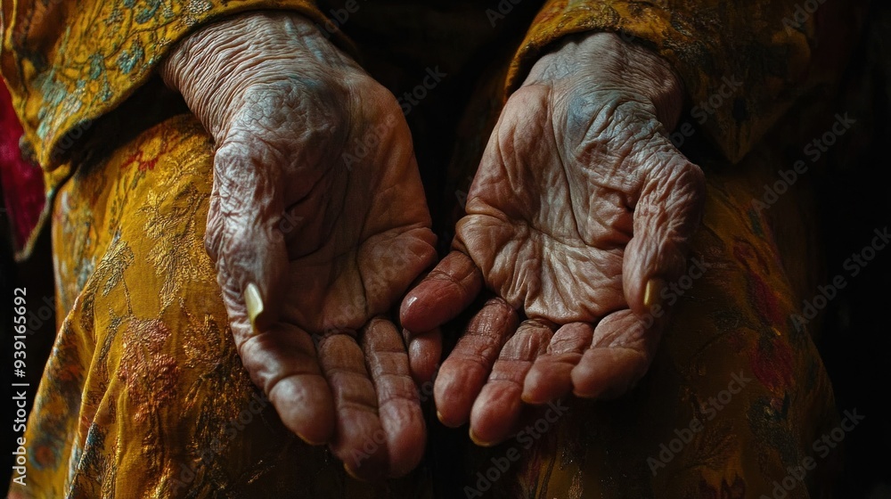 Wrinkled Hands of an Elderly Person in a Golden Patterned Garment