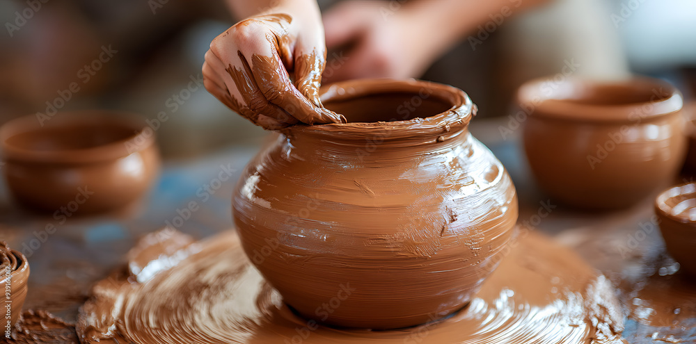 Potter making pot with clay in workshop closeup Potter making pot with clay in workshop closeup