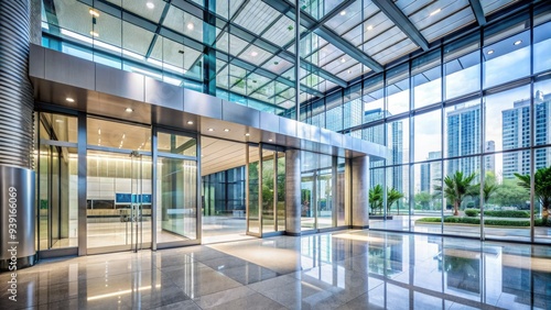 Modern glass tube-like architecture with automatic sliding doors, leading to a bright and airy lobby with a high ceiling and a sleek, contemporary design.